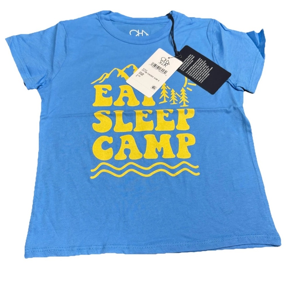 Chaser Brand Blue Eat Sleep Camp T-Shirt with Yellow Print.